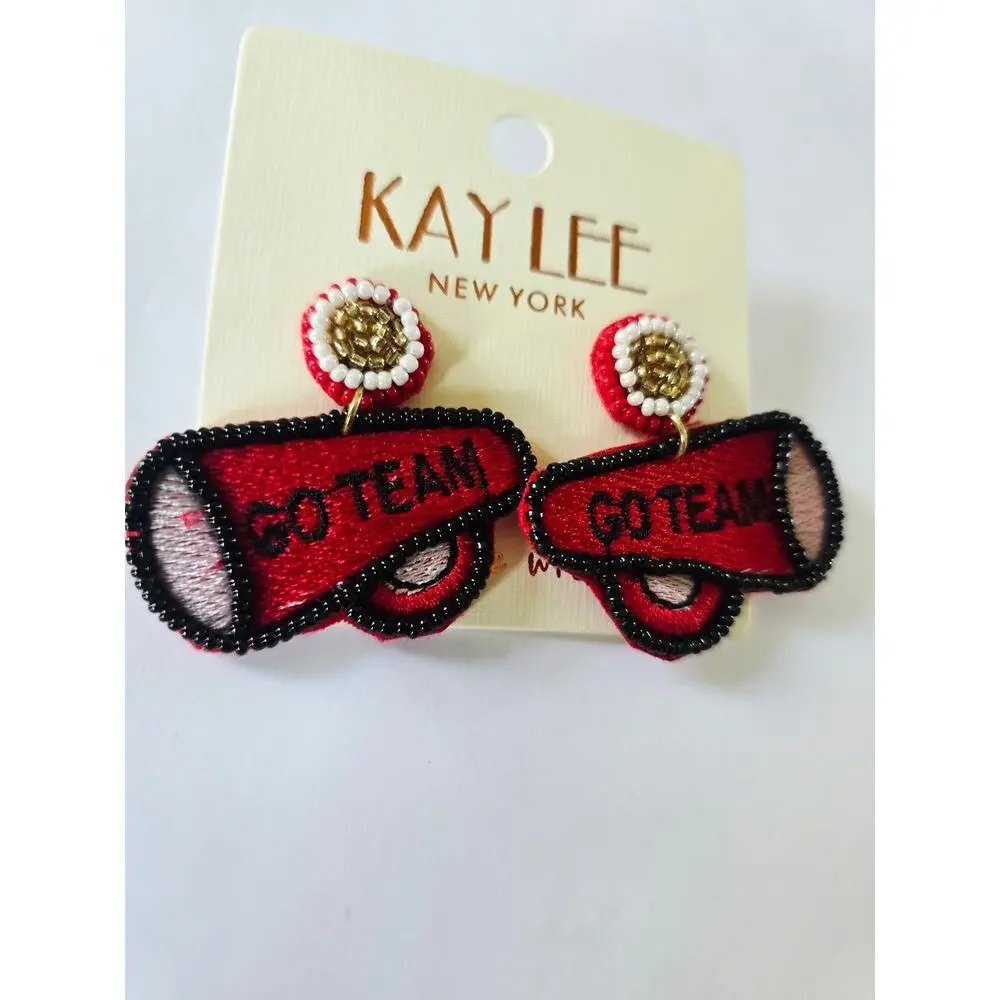 Kay Lee Red Magaphone Goe Team Read Earrings Beaded New